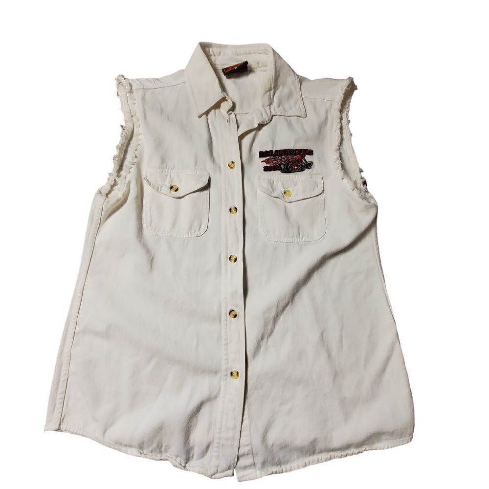 Vintage 2004 ROT Bike Rally Denim Vest Eagle Graphic Print‎ Womens L Cotton